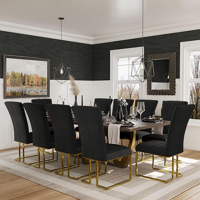 AUZ Dining Chairs Set of 6, Black and Gold Velvet Upholstered Dining Chairs with High Back and Polished Stainless Steel Sled Legs
