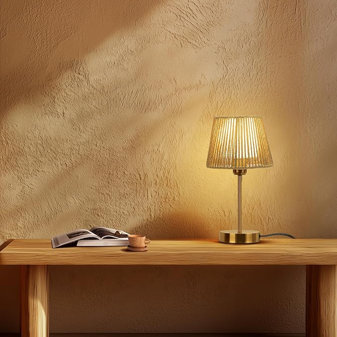 ONEWISH Touch Bedside Table Lamps Set of 2, 14.2" Boho Lamp 3 Way Dimmable, Rope lamp for Bedroom Nightstand Farmhouse, LED Bulb Included(Gold)