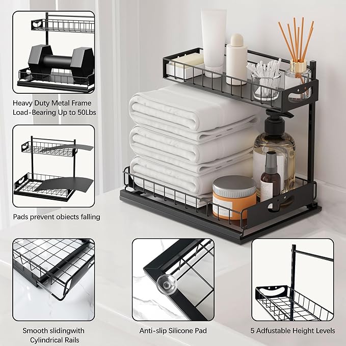 Under Sink Organizer with Pull-Out Drawers,Kitchen Sink Organizer,2 Tier Bathroom Organizers And Storage,Bathroom Accessories Set,Black 2 Pack