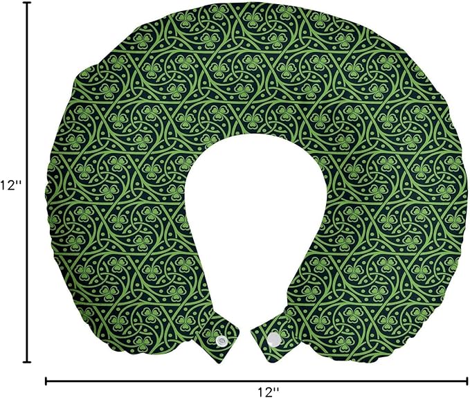 Ambesonne Irish Travel Pillow Neck Rest, National Foliage Pattern Intricate Twigs and Dots Trefoil Botanical Abstraction, Memory Foam Traveling Accessory for Airplane and Car, 12", Lime Green
