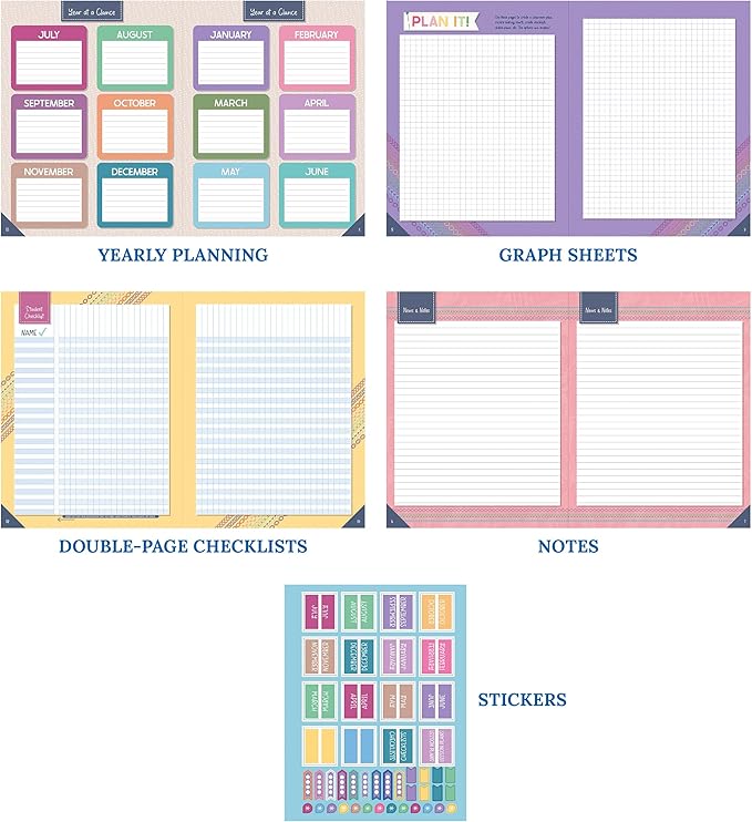Carson Dellosa Education Crafty & Cool Teacher Planner 2025-2026,Undated 8"x11" Lesson Plan Book With Stickers,Class Schedule,Weekly Calendar,Classroom Must Haves,Homeschool Essentials,School Supplies