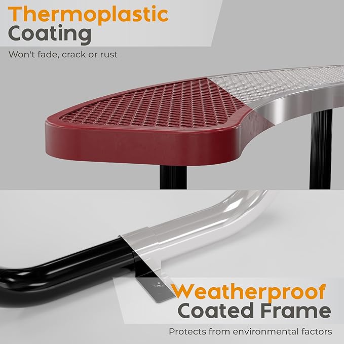 Metal Picnic Tables for Outdoors with Umbrella Hole - Coated Steel Heavy Duty Commercial Grade Furniture Set with Adjustable Seats (Red, 46 in, Round, Expanded Steel)