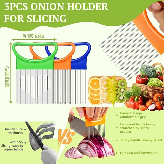 FANTEXY 3Pieces Onion Holder for Slicing, Stainless Steel Onion Cutter for Slicing, Potato Lemon Slicer Tomato Slicers Kitchen Comb for Vegetables, Fruit and Meat