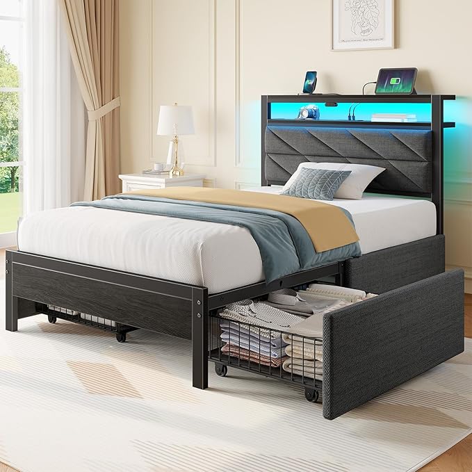 Seventable Twin Bed Frame with 4 Storage Drawers, Charging Station & LED Lights, Upholstered Headboard with 2-Tier Shelves, Metal Platform Bed, No Box Spring Needed, Noise-Free, Grey