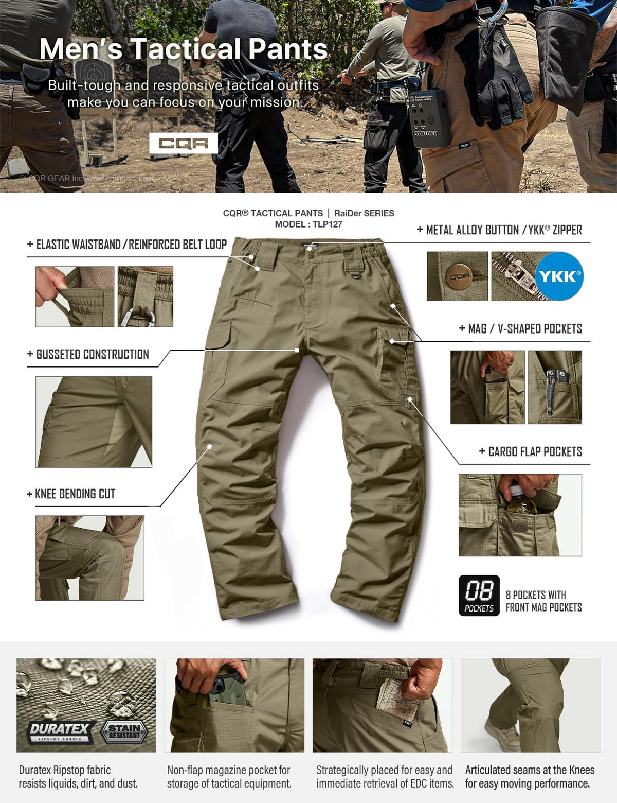 CQR Men's Tactical Pants, Water Resistant Ripstop Cargo Pants, Lightweight EDC Work Hiking Pants, Outdoor Apparel, Raider Mag Pocket Soil Green, 32W x 30L