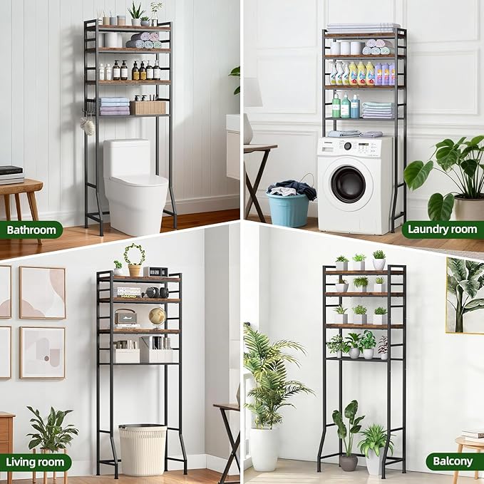 Over The Toilet Storage Rack,4-Tier Over Toilet Bathroom Organizer with Adjustable Wooden Shelves,Freestanding Space Saver Bathroom Cabinet Shelves Over Toilet,Over Toilet Storage, Vintage Brown