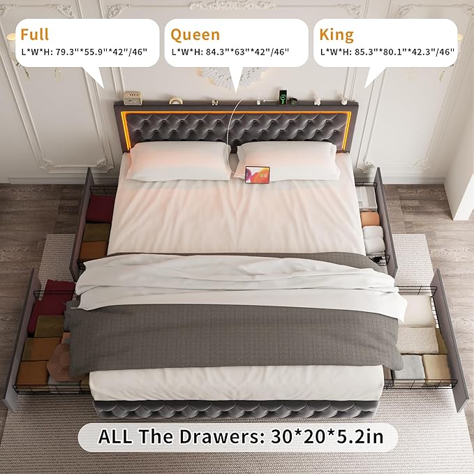 Queen Bed Frame with 4 Storage Drawers, Velvet Upholstered Bed Frame Queen Size with Charging Station and LED Lights, 46" Adjustable Button Tufted Headboard, No Box Spring Needed, Grey