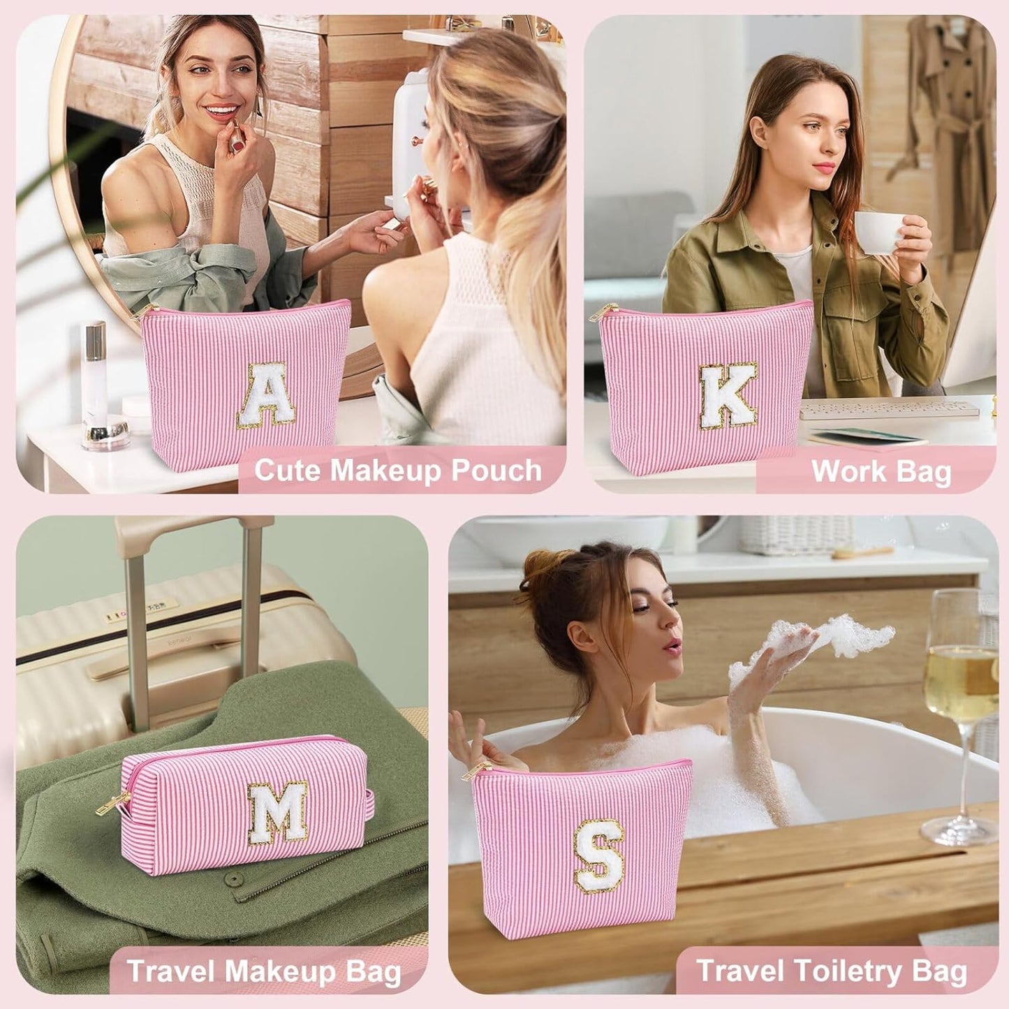 YOOLIFE Birthday Gifts for Women Girls - Personalized Initial Cute Pink Makeup Bags Cosmetic Bag Make Up Bag Toiletry Pouch Gift for Women Her Friend Mom Teacher Sister Teenager Female Bridesmaids