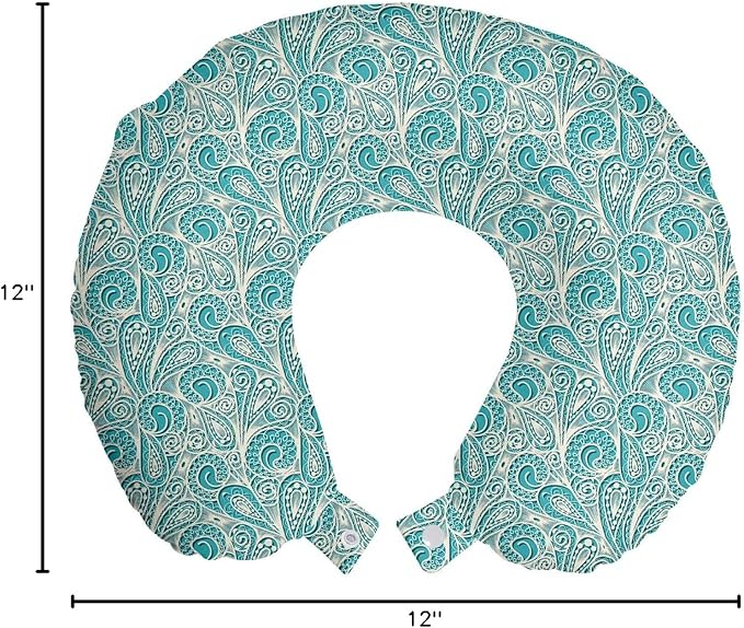 Ambesonne Teal Travel Pillow Neck Rest, Classical Lace Style Pattern with Romantic Feminine Elements Inspired Artwork Print, Memory Foam Traveling Accessory for Airplane and Car, 12", Teal Beige