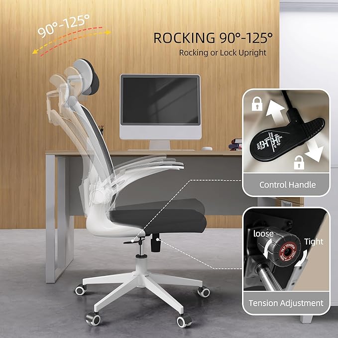 Ergonomic Office Chair, High-Back Mesh Computer Desk Chair with Adjustable Height, Lumbar Support, Flip-Up Armrests,headrest,and Swivel Rolling Design for Home and Office Use