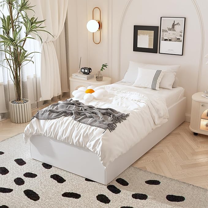 14 Inch XL Twin Bed Frame with White Fabric Cover, Heavy Duty Metal Twin XL Platform Bed Frame, No Box Spring Needed, Support Up to 2500 lbs, Easy Assembly, Noise Free, Black
