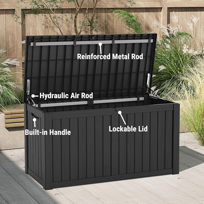 Mars Villa 150 Gallon Outdoor Storage Box, Large Resin Deck Box Waterproof, for Pool Supplies Storage, Outdoor Patio Furniture Cushions, with Hydraulic Hinge, UV-Resistant and Weatherproof, Black