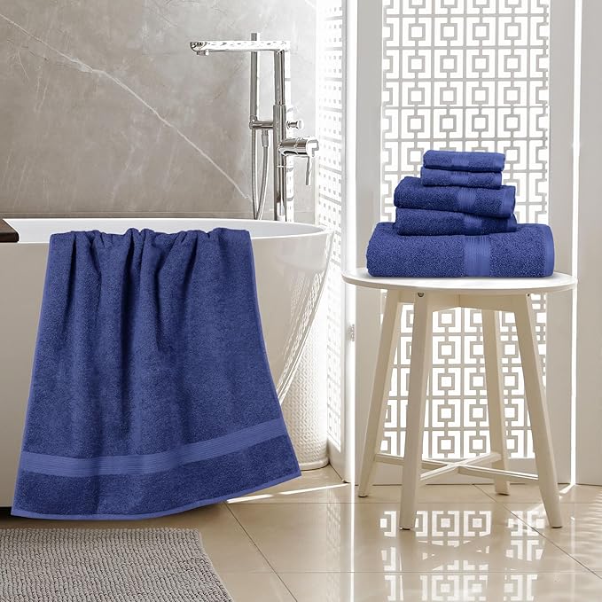 Amazon Basics 6 Piece Oversized Fade resistant Towel set, 100% Cotton towels for bathroom, soft and absorbent, 2 Bath Towels, 2 Hand Towels and 2 Washcloths bathroom towel set, Navy Blue