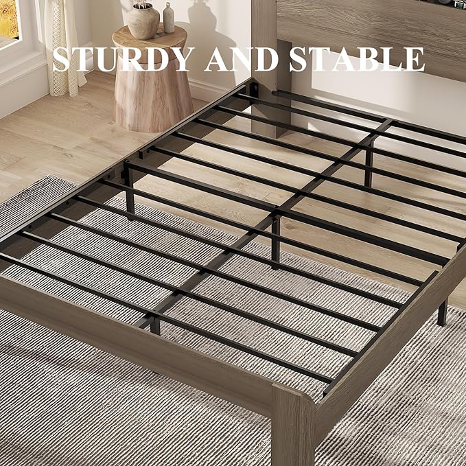 Wooden Bed Frame Queen Size with Storage Headboard - Farmhouse Platform Bed Frame with Bookcase Shelf & Led Lights, Sturdy Wood Slat Framework Bed Frame (Light Brown LED)