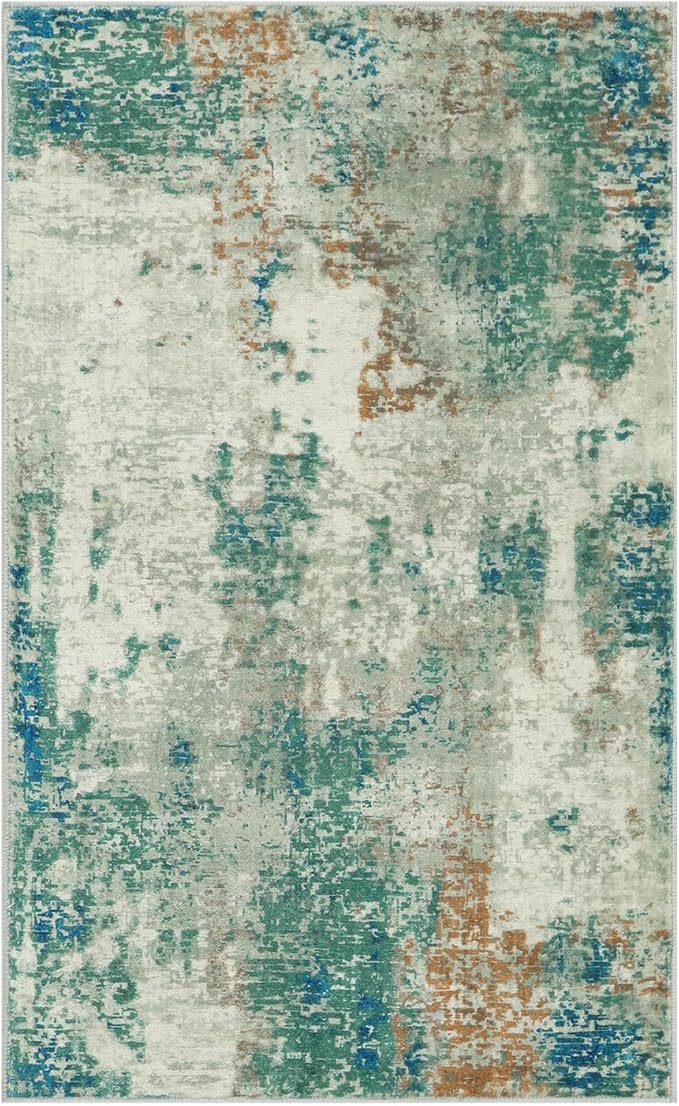 Lahome Modern Abstract Area Rugs 3x5 Washable Rug, Throw Rugs for Bedroom Low Pile Anti Slip, Distressed Accent Carpet for Entryway Kitchen Bathroom Laundry Front Door, Green/Grey