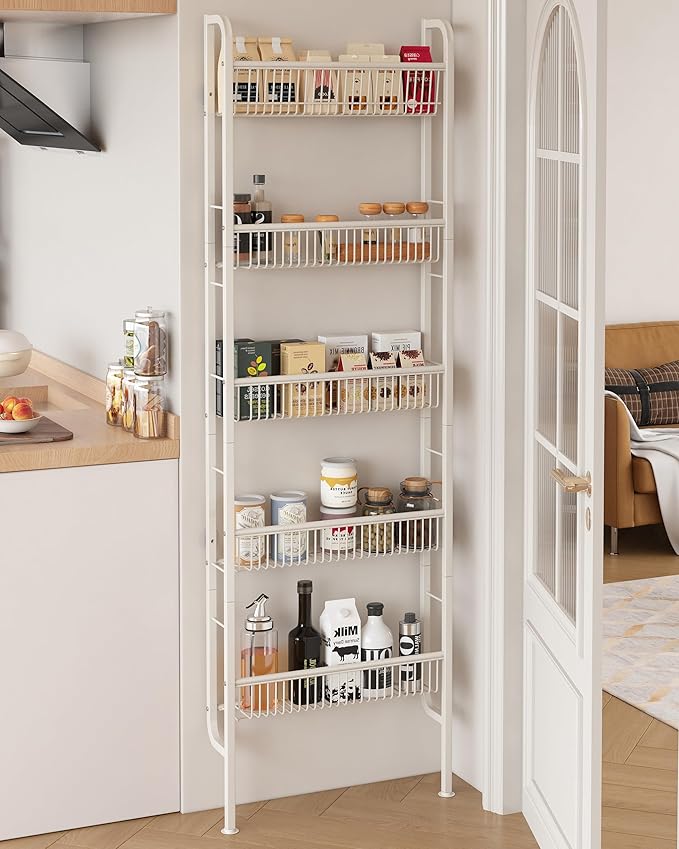 UMDONX Behind The Door Bathroom Shelf Narrow 5-Tier, Space-Saving Slim Storage Shelf Narrow Shelving Unit for Bathroom and Kitchen White
