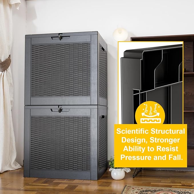 30 Gallon Wicker Pattern Resin Deck Box, Lockable Patio Outdoor Storage Box for Furniture, Garden Tools and Tools Storage, Waterproof Outside Storage Box - Black Rattan
