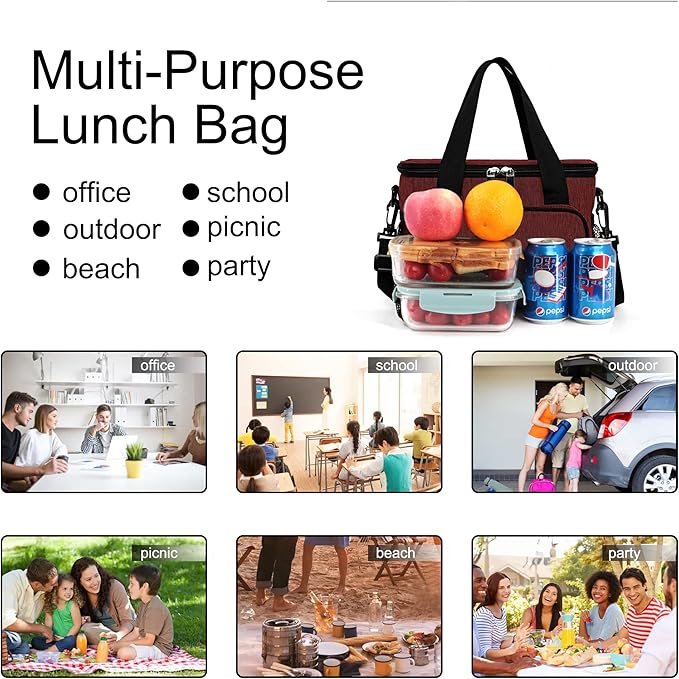 Femuar Lunch Bags for Women/Men, Insulated Lunch Bag for Work Office Picnic - Lunch Cooler Bag Leakproof Lunch Box with Adjustable Shoulder Strap - Red