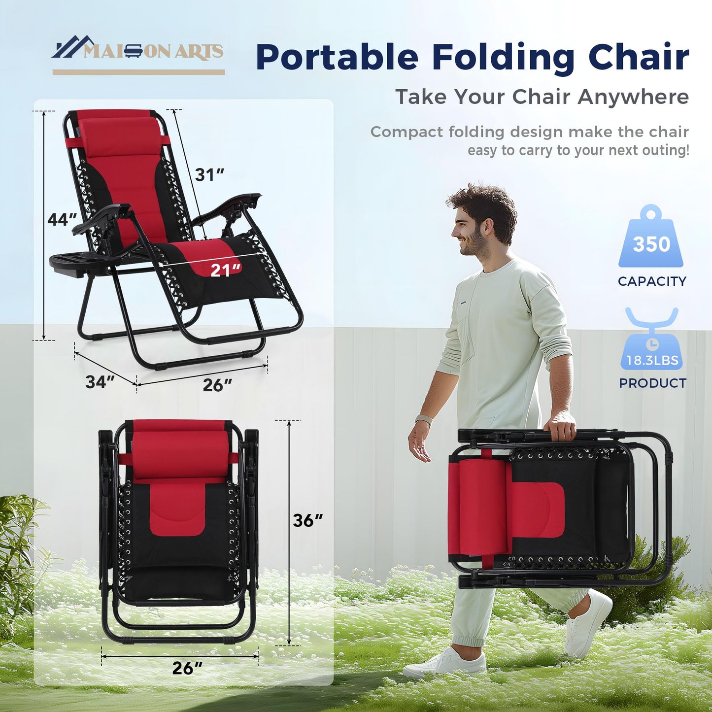 MAISON ARTS Padded Zero Gravity Lawn Chairs Set of 2 Foldable Patio Recliners Anti Gravity Lounge Chairs w/Pillow & Cup Holder Outdoor Camp Chairs for Poolside Backyard Beach Red