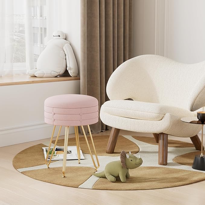 VECELO Round Vevlet Vanity Stool with Storage, 4 Metal Legs Vanity Seat with Anti-Slip Feet, Modern Vanity Chairs Footrest Furry Padded Seat, Space Saving, Easy to Clean for Makeup, Bedroom, Pink
