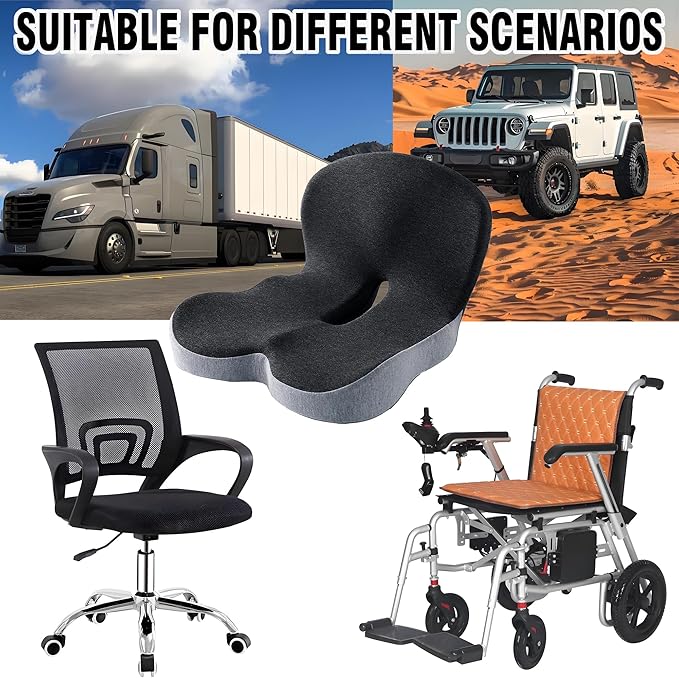 Ergonomic Memory Foam Seat Cushion for Truck Drivers Office Chairs Home Chair Cushion Car Desk Chair Non Slip Pad, Sciatica & Tailbone Pain Relief, Long Sitting Comfort Pad (Grey)