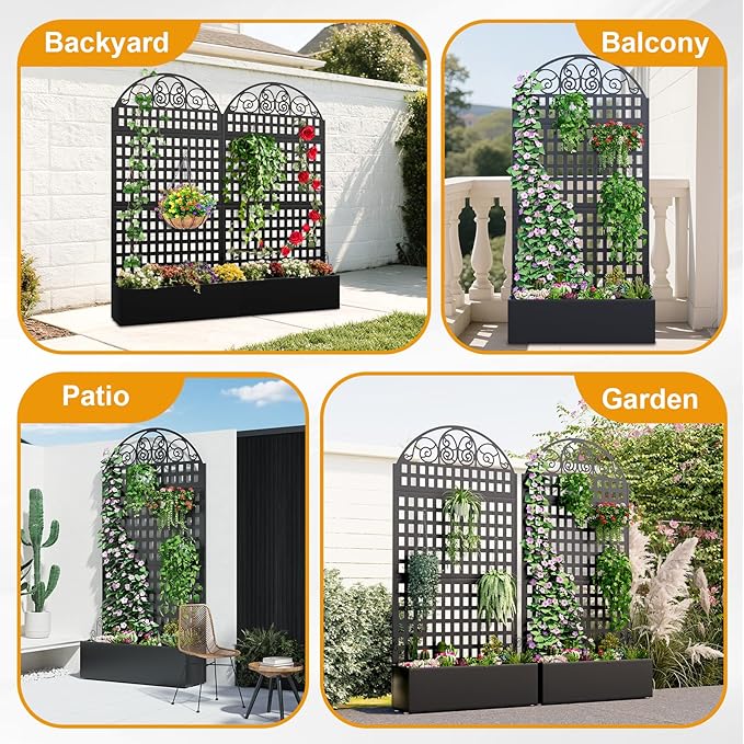 Metal Raised Garden Bed with Trellis, 79"x40"x11.8" Planter Box Outdoor with Privacy Screen Fence for Patio, Freestanding Garden Planter with Drainage Holes for Climbing Plants Flower Vegetable