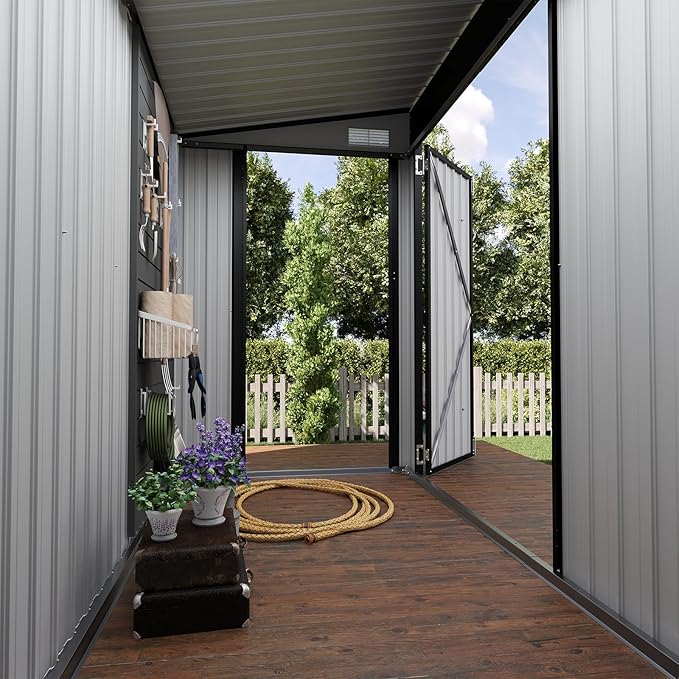 8'x4' Shed Galvanized Steel Storage Sheds with Triple Doors Utility Sheds for Vertical Storage, Dual Lock Lean to Shed with Sloped Roof for Mower, Bike, Garden Tools (Black)