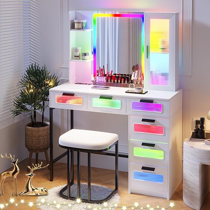HNEBC White LED Vanity, Makeup Vanity with RGB Lights and 6 Drawers for Bedroom, Makeup Desk with USB/Wireless Charging, Dressing Table with Shelves/Cabins/Stool, Vanity Table Set as Gifts for Girls