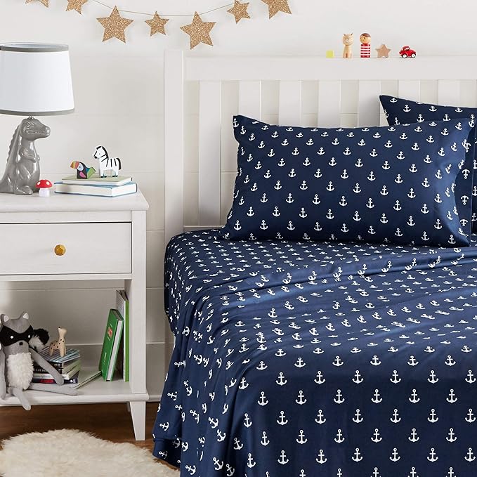 Amazon Basics Kid's Soft Easy-Wash Lightweight Microfiber 3-Piece Sheet Set, Toddler, Navy, White Anchors