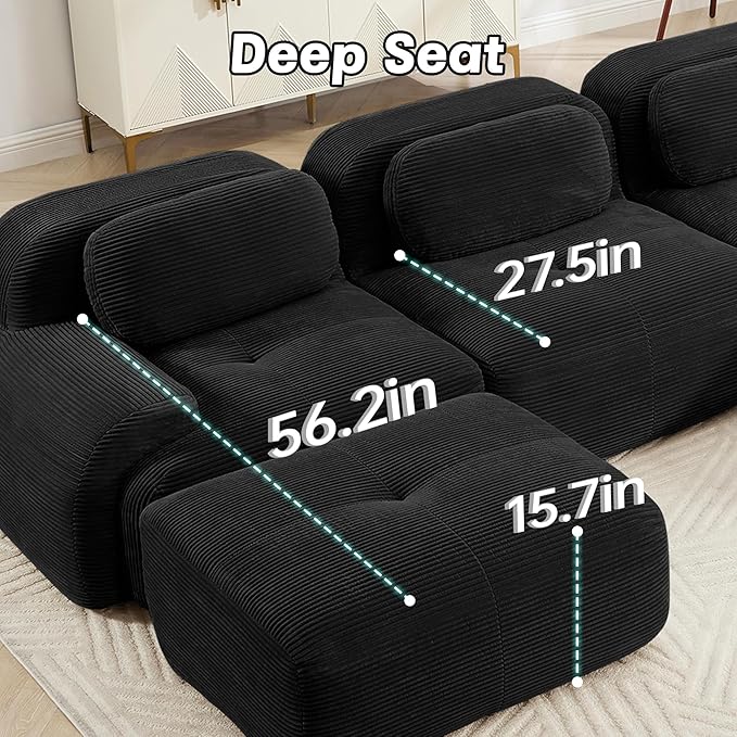 152" Modern Corduroy Cloud Sofa with Ottoman, U Shaped Boneless Modular Large Sectional Couches for Living Room, Black 4 Seater Compressed Memory Foam Couch, Extra Deep Seat, No Assembly