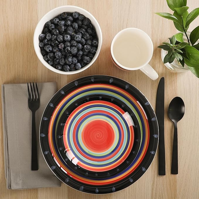 Gibson Home Festival Rings 16-Piece Stoneware Dinnerware Set – Colorful Hand-Painted Plates, Bowls & Mugs, Service for 4, Dishwasher & Microwave Safe Vibrant Tableware