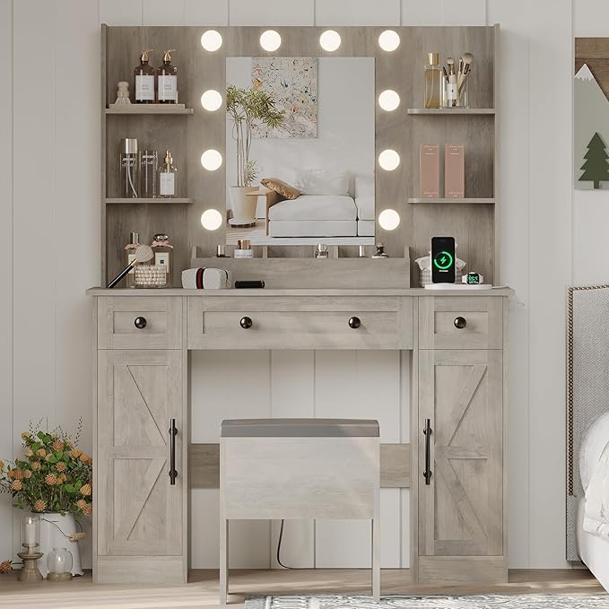 Vanity Makeup Desk with Mirror and Lights, Farmhouse Vanity Table Set with Storage Drawers, Charging Station & Chair, 43" Large Rustic Dressing Table, 3 Lighting Modes for Women Girls Bedroom, Grey
