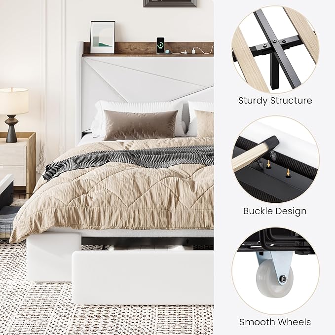 SHA CERLIN Full Size Bed Frame with 3 Drawers, USB & Type-C Charging Ports, Velvet Upholstered Platform Bed with Modern Geometric Wingback Storage Headboard, No Box Spring Needed, Easy Assembly, White