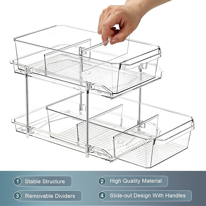 2 Tier Clear Organizer with Dividers for Cabinet, Shlef, Counter - MultiUse Slide-Out Storage Container - Kitchen, Pantry, Medicine Cupboard Bins, Bathroom, Vanity Makeup, Under Sink Organizing