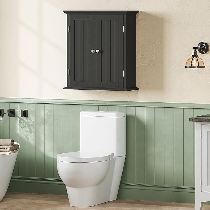ChooChoo Bathroom Wall Cabinet Set of 2, Over The Toilet Space Saver Storage Cabinet, Medicine Cabinet with 2 Door and Adjustable Shelves, Cupboard, Black