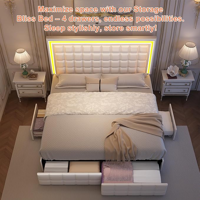 Full Led Bed Frame with 4 Storage Drawers, Bed with Led Lights No Box Spring Needed, Supports 900 lbs, Easy Assembly, Quiet and Sturdy Design, PU White