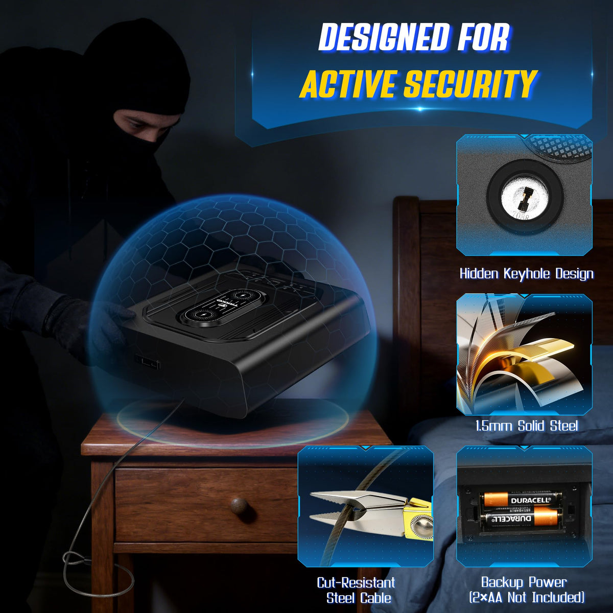 TRRKO Biometric Gun Safe for Handgun | Auto-Open Quick Access Pistol Safe with Fingerprint & Wireless Charger, Smart LED Display, Handgun Safe for Nightstand/Bedside/Home Defense(Deep Black)