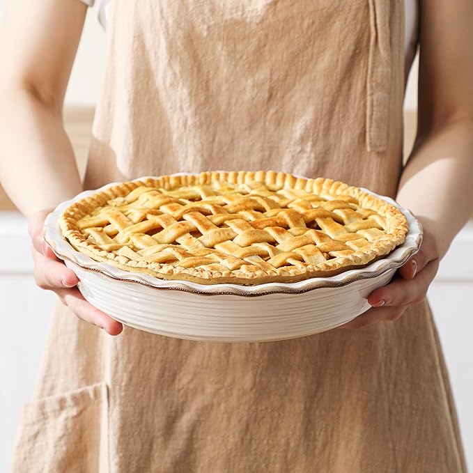 Frewinky Ceramic Pie Pan for Baking, 9 inch Pie Dish with Ruffled Edge, Nonstick Deep Pie Plate, Farmhouse Decor Quiche Tart Baking Dish for Thanksgiving, Microwave & Oven Safe, Set of 2