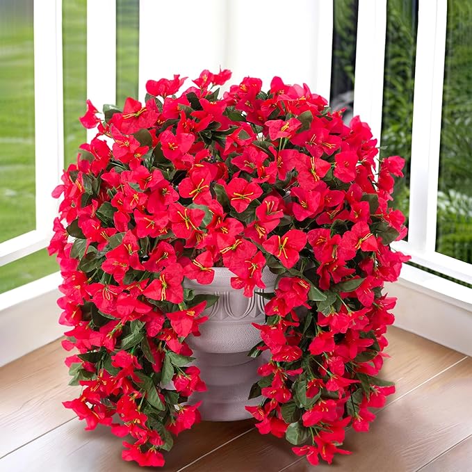 Faux Bougainvillea Artificial Flowers Plants for Outdoor Outside Decoration, 2 PCS Red Fake Flowers UV Resistant Look Real Silk Long Trailing Vines for Front Door Porch Planter Urn Patio Garden Yard