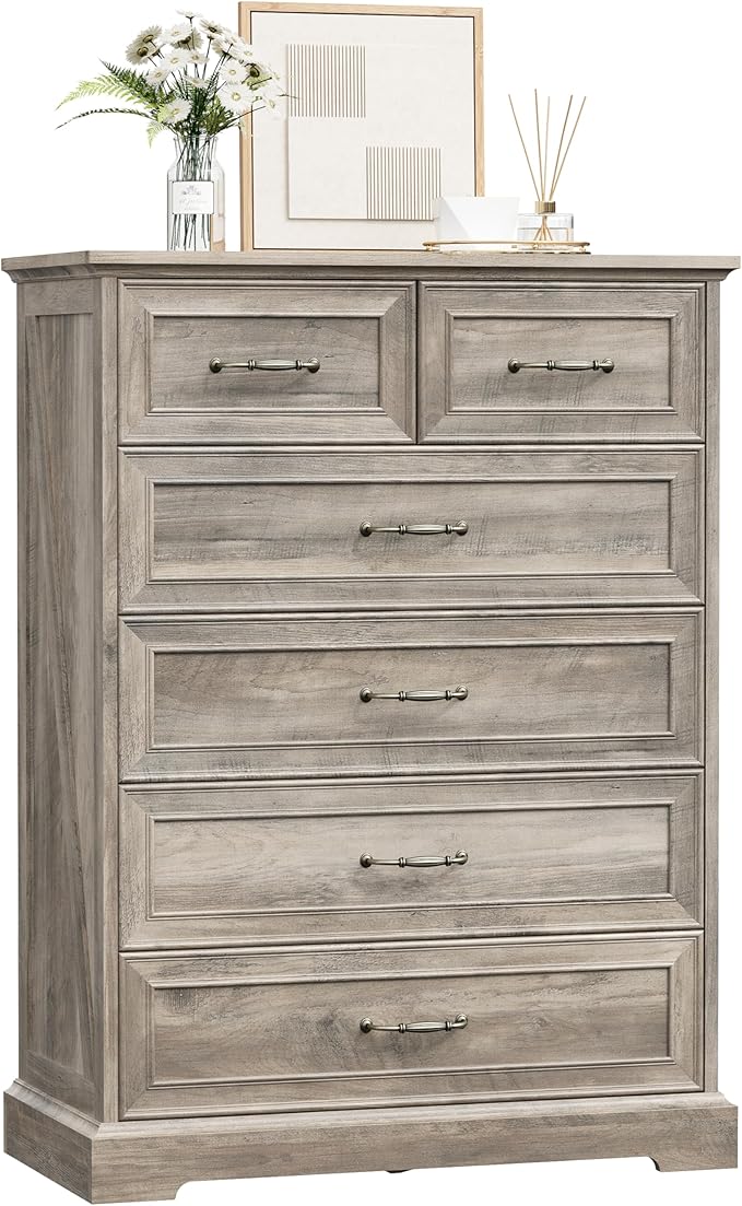 6 Drawer Dresser for Bedroom, 43" Tall Wooden Chest of Drawers, Rustic Farmhouse Dresser with Large Drawers & Metal Handles, Modern Storage Organizer for Closet, Living Room, Hallway, Grey