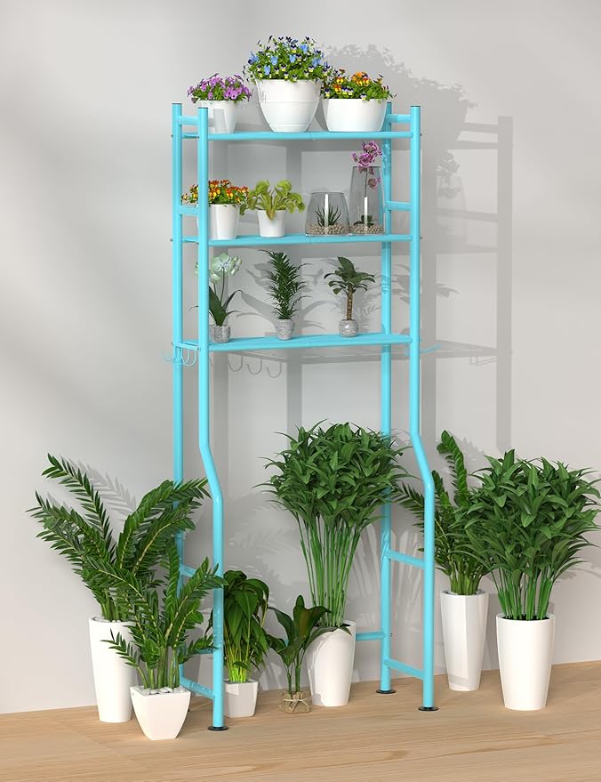 3-Tier Over The Toilet Storage, Freestanding Metal Bathroom Shelves with 4 Hooks, Over Toilet Storage Shelf with Paper Holder, Above The Toilet Shelf for Bathroom Storage, Blue