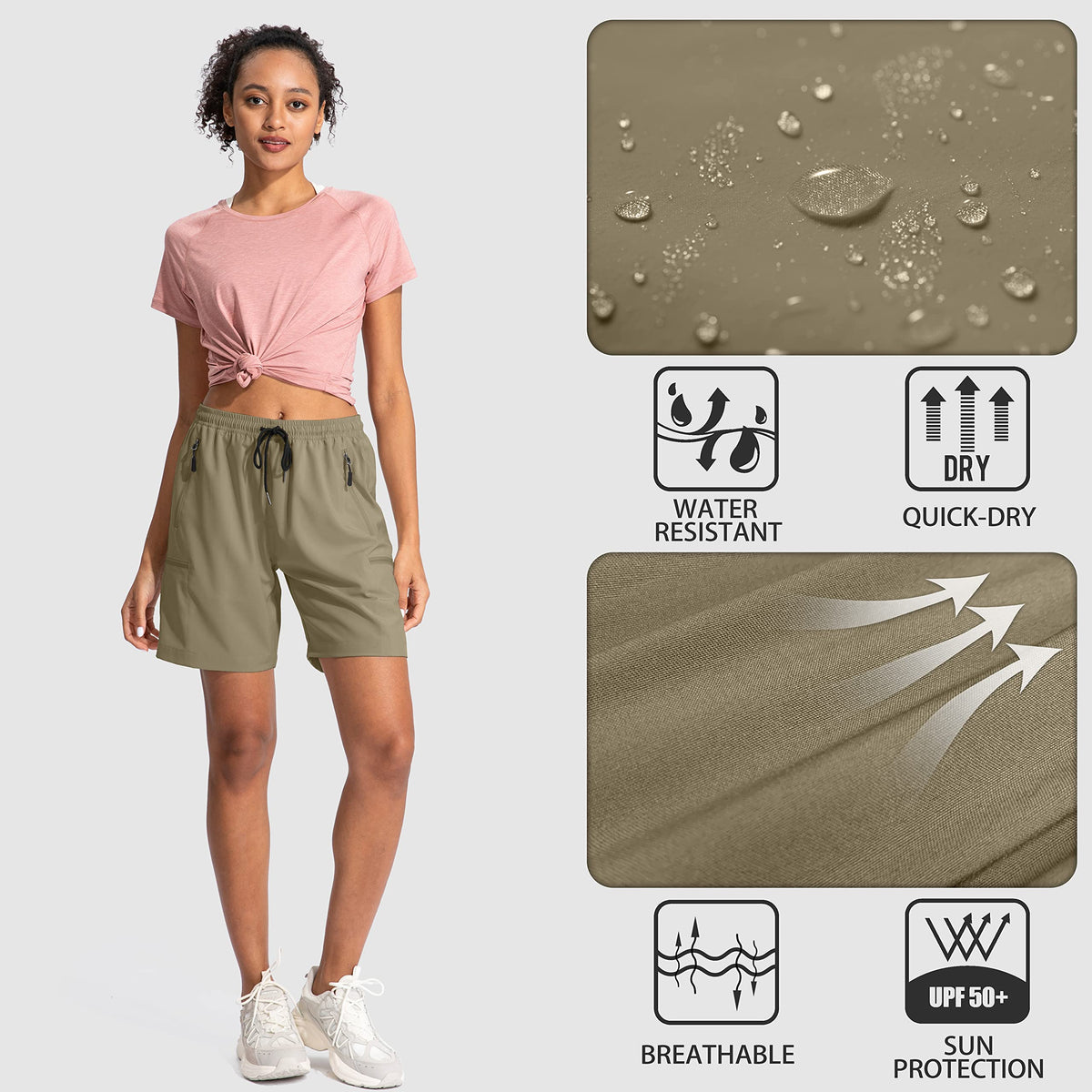 SANTINY Women's 5''/ 7''/9'' Hiking Cargo Shorts Quick Dry Lightweight Summer Shorts for Women Athletic Golf Zipper Pockets(Dusty Khaki_S)