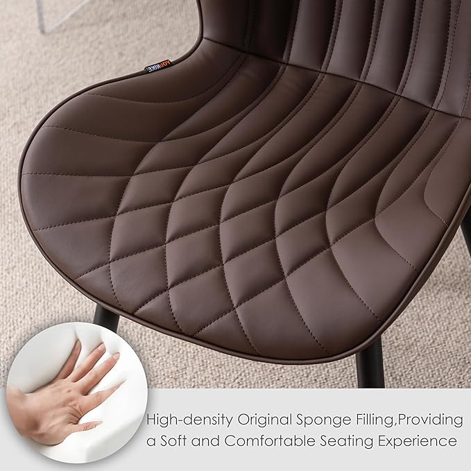 Kidol & Shellder Modern Dining Chairs Set of 2 Comfy Dining Room Chairs with Thick Cushions PU Leather Upholstered Kitchen Side Chairs with Metal Legs Brown