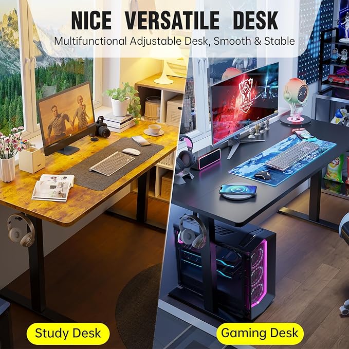 Veken 55 Inch Large Electric Standing Desk, Heights Adjustable,Sit to Stand Up, Work Home Office Computer Table for Study, Walking Pad, Writing, and Games, Wooden Desktop Desks, Black