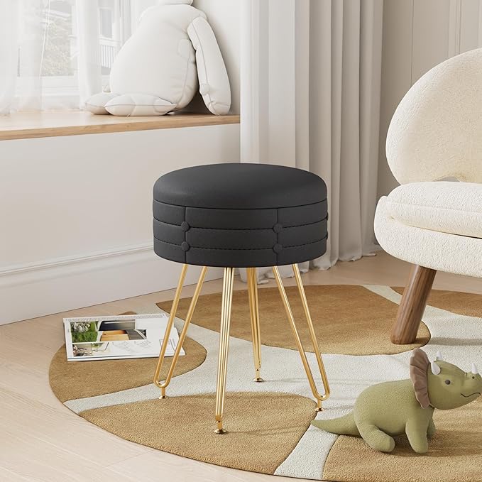 VECELO Round Vevlet Vanity Stool with Storage, 4 Metal Legs Vanity Seat with Anti-Slip Feet, Modern Vanity Chairs Footrest Furry Padded Seat, Space Saving, Easy to Clean for Makeup, Bedroom, Black