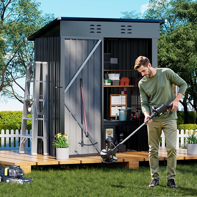 COMHOMA Shed Outdoor Storage Shed Metal,Lockable Doors Tool Sheds with Sloping Roof,Steel Garden Shed with Air Vent for Backyard,Patio,Lawn,Poolside (Grey, 5'*3')