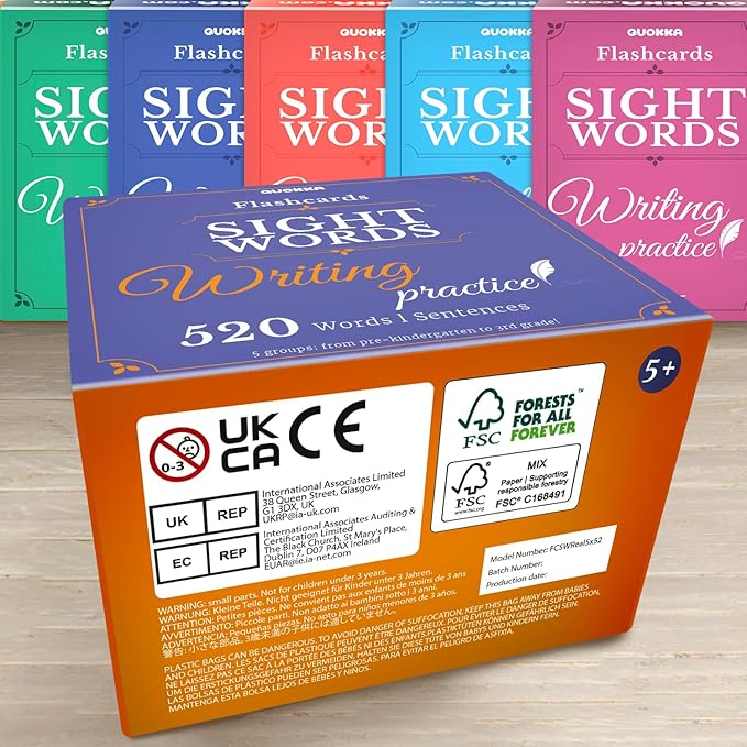 QUOKKA 520 Sight Words Flash Cards for Kids Adults – from Pre-K to 3rd Grade – 5 Levels & Bold Font & Jumbo Size & Dry Erase Cards with Realistic Images & Rings – Based on Dolch & Fry Word Lists