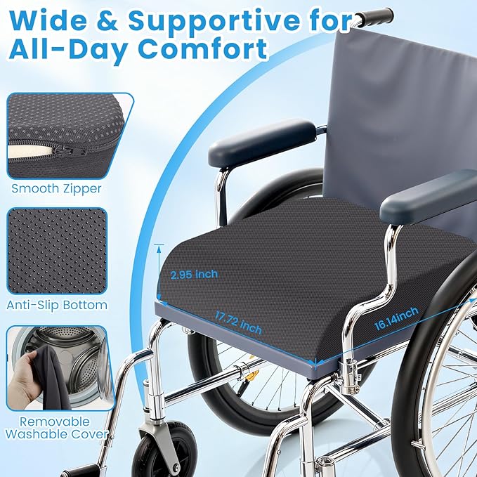 Wheelchair Seat Cushion - Cooling Gel & Memory Foam Office Chair Cushion with Non-Slip Bottom & Washable Cover, Ergonomic Car Seat Pillow for Sciatica, Tailbone, Back Comfort (Grey)