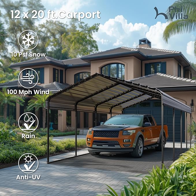 PHI VILLA 12 x 20 ft Carport Metal Carports with Galvanized Steel Roof with Sidewalls Enclosure Kit, Sturdy Heavy Duty Metal Carport for Cars, Boats, and Tractor