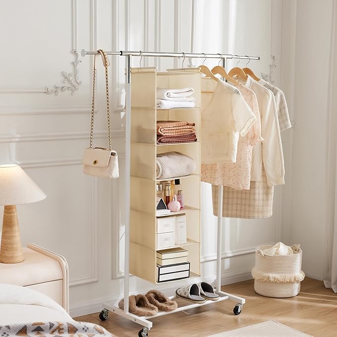 MAX Houser 6 Tier Shelf Hanging Closet Organizer, Cloth Hanging Shelf with 2 Sturdy Hooks for Storage, Foldable (Beige)